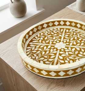 Handmade Modern Bone Inlay Floral Serving Tray Round Decorative Coffee <b>Table</b> Organizer Gift - Product Image 4