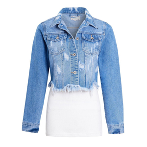 Veste en jean courte en coton pour femme, design européen, décontractée, unie, délavée à l'acide, avec contraste dentelle, respirante, séchage rapide, printemps automne, effet troué - Product Image 6