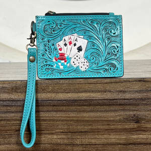 New Personalized Hand Tooled Genuine Leather Small <b>Card</b> <b>Holder</b> Wallet Turquoise Leather Poker Design <b>Slim</b> Coin Storage Purse - Product Image 2