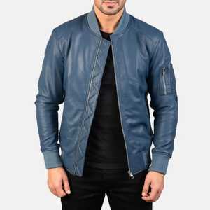 Chaqueta Bomber de Cuero Azul para Hombre, Cuello Mao, Cierre de Cremallera, Ropa de Invierno con Calefacción, Corte Regular, Puños Elásticos - Product Image 3