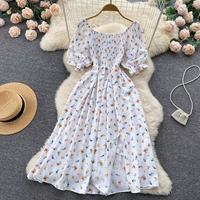 Gaun Wanita Grosir untuk Wanita Elegan Kustom Fashion O-neck Romantis Bermotif Bunga Rajutan Printing Belahan Panjang Puff Kasual