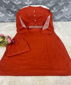Red Roman Silk <b>Embroidered</b> Women Traditional Wear India Pakistan Style Floral Pattern Spring Summer Casual Daily Use Breathable - Product Image 3