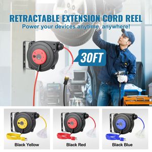 Avvolgicavo Retrattile Rinforzato da 9 Metri 16AWG/3C SJTOW con Presa Tripla Illuminata e Connettore Maschio 10AU - Product Image 2