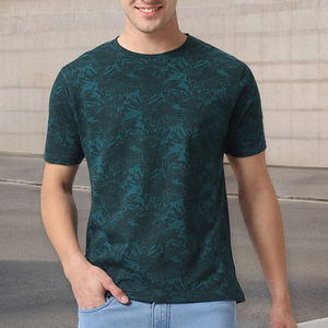T-shirt en coton à manches courtes pour homme, col rond, imprimé feuilles tropicales vert foncé, coupe classique, jersey tricoté décontracté - Product Image 5