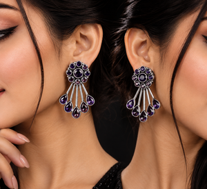 Oxidized Silver Zircon Flower Design Multi Gemstone Dangle Drop Earrings Wholesale Handmade Designer for Women Bulk Supplier - Product Image 5