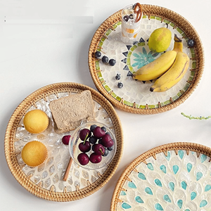 Rattan Trays with mother of pearl inlay natural rattan and shell material for home decor serving tray Vietnam - Product Image 5