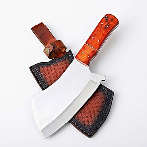 Couteau de cuisine/boucher artisanal en acier carbone, lame fixe, manche en bois rouge, étui en cuir, vente directe d'usine en gros - Product Image 1