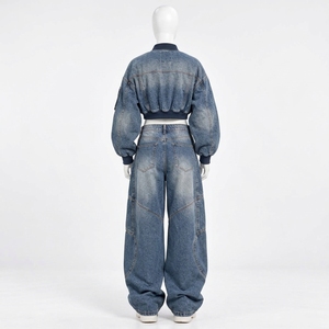 <b>Womens</b> Light <b>Blue</b> Denim Set Cropped Bomber Jacket Baggy Wide Leg <b>Jeans</b> Custom OEM ODM Wholesale Clothing Manufacturer Supplier - Product Image 4