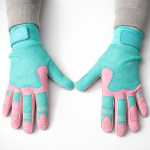 ถุงมือตีเบสบอลสีชมพูและสีเขียวขุ่น พร้อมแถบตีนตุ๊กแกสำหรับปิด ใช้ได้ทั้งชายและหญิง สำหรับผู้ใหญ่ ผ้าถักระบายอากาศได้ดี เหมาะสำหรับการฝึกซ้อม - Product Image 2
