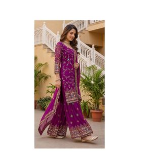 Elegante conjunto de kurti y sharara de georgette sintético con bordado zari y lentejuelas, traje étnico festivo para mujer. - Product Image 1
