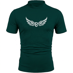 T-shirt à col roulé vert foncé pour homme avec logo R ailé blanc, manches courtes, coupe ajustée, décontracté, en jersey de coton respirant, imprimé sur le devant - Product Image 1