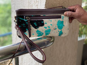 Porte-monnaie en cuir pour femmes, pochette en cuir à fourrure métallique, élégant, couleur Turquoise, Unique - Product Image 4