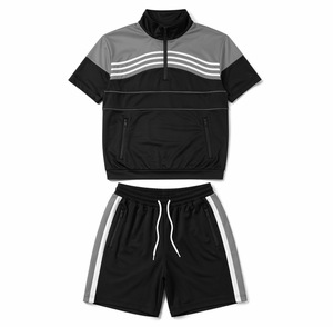 Conjunto Deportivo de Verano para Hombre, a Rayas, de Alta Calidad, Personalizable, de Secado Rápido, Transpirable, con Top de Manga Corta y Media Cremallera, y Pantalones Cortos para Gimnasio - Product Image 4