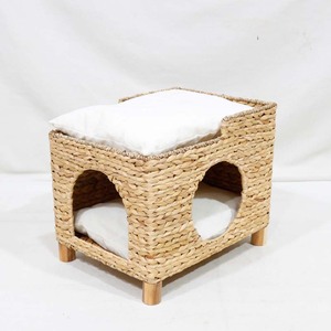 Casa para Mascotas Tejida de 2 Niveles, Ecológica, de Jacinto de Agua, para Gatos, Perros y Animales Pequeños, con Cojín Suave, para Uso en Interiores, Raza Mediana - Product Image 1