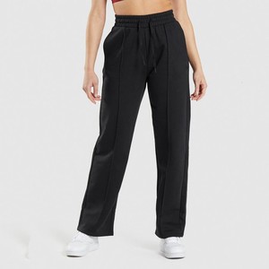 Pantalon coupe bootcut taille basse pour femme, noir, en polaire respirant, coupe ample, longueur intégrale, avec cordon de serrage, décontracté, pour le printemps, devant plat - Product Image 1