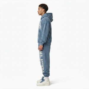 Custom Blue Washed Distressed <b>Oversized</b> Hoodie and Jogger <b>Sweatpants</b> Men Two Piece Streetwear Tracksuit Set - Product Image 2
