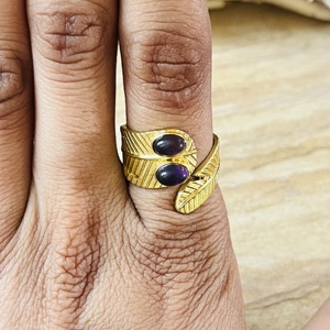 <b>Top</b> Choice Open Band <b>Feather</b> Amethyst Ring 18k Gold Plated Brass Boho Ring Double Stone Statement Wholesale Modern Style Ring - Product Image 5