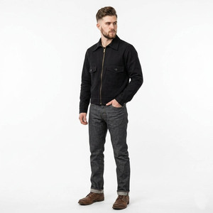 Chemise de travail en coton pour homme avec fermeture éclair et poches, col rabattu, couleur noire unie, style automne - Product Image 4