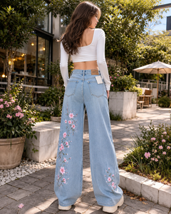 กางเกงยีนส์ขากว้างเอวสูงสำหรับผู้หญิง WEBSON ปักลายดอกไม้ ไซส์พลัส ทรงหลวม ยาวเต็มตัว ผ้ายีนส์ฟอกสี สไตล์สปริง - Product Image 3