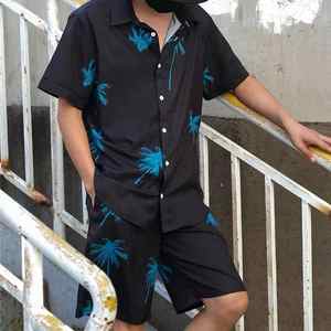 Costume pour hommes, noir, uni, sans stretch, chemise à manches courtes, ensemble short à taille élastique, léger, respirant, vêtements d'été décontractés - Product Image 2