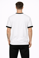 T-shirt graphique blanc pour homme – Coton de qualité supérieure, coupe classique, manches courtes avec col et bordure des manches contrastants en noir et rayures verticales