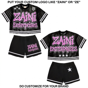 Ensemble T-shirt et short d'été pour homme ZAINI Premium 280 GSM en maille polyester respirante noire avec logo personnalisé en relief et bordure à rayures blanches - Product Image 1