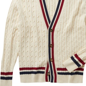 Cardigan en tricot pour femme, rouge, style preppy contrastant, manches longues, col en V, poches, broderie, pour l'hiver - Product Image 4