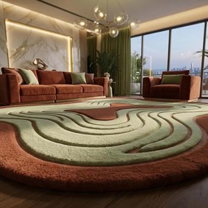 Tapis de sol à contour irrégulier, moderne, vert et marron, abstrait, en laine, forme organique, tufté, décoration minimaliste pour la maison, doux - Product Image 5