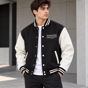 <b>Men's</b> Black And <b>Cream</b> Varsity <b>Jacket</b> With Embroidered Logo Front Turn-down Collar Regular Fit Casual Style Autumn Wear - Product Image 1