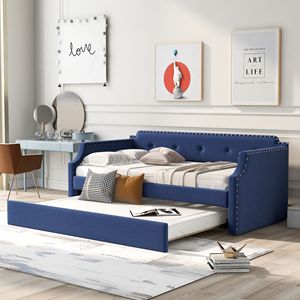 Blue Upholstered Twin Daybed with Trundle Wood Slat <b>Support</b> <b>Sofa</b> Bed Frame - Product Image 1