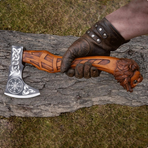 Hache de camping artisanale en acier forgé à dos plat, 4 lames, tête de lion sculptée, manche en bois |   Décoratif Extérieur - Product Image 3