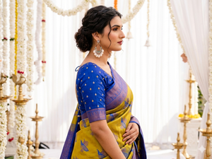 Sari de Seda Amarillo y Azul de AARA Fashion con Diseño Estampado, Traje Tradicional de Boda para Mujer, Estilo India-Pakistán, Largo hasta el Suelo, Corte Regular - Product Image 3