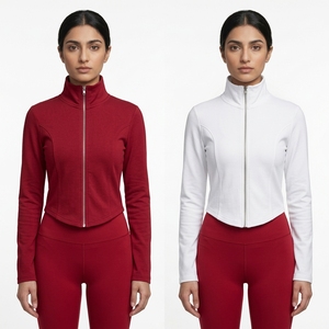 Women's Cropped Zip-Up Mock Neck Long Sleeve <b>Slim</b> Fit Fleece Trench <b>Coat</b> Winter Sports Athletic Yoga Wholesale - Product Image 3