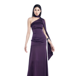 Elegante vestido de fiesta formal vestido de línea A ODM elegante Bodycon Natural hasta el suelo fruncido asimétrico Vestido largo de satén ODM - Product Image 3