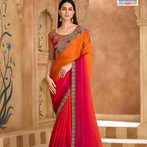 Sari indien de fabrication indienne et à prix de gros pour les occasions festives et les mariages, avec broderies lourdes et travail de cordonnet. - Product Image 1