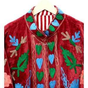 Handmade Multicolor Embroidered Velvet Women's Jacket Mandarin Collar Full Sleeve Geometric Pattern Autumn Wear - Product Image 6