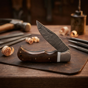 Cuchillo de caza de acero de Damasco con hoja de punta caída, filo dentado, mango de madera y hoja plegable de 0.7mm de grosor - Product Image 4