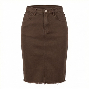 Jupe crayon en jean marron uni extensible pour femme, taille haute boutonnée, longueur genou, décontractée, ourlet brut - Product Image 1