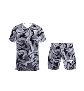 ชุดฟุตบอลแบบซับลิเมชั่นสั่งทำพิเศษสำหรับผู้ชาย พร้อมเสื้อพิมพ์ลายหินอ่อนสีเทาเข้มและดำ และกางเกงขาสั้นเข้าชุด - Product Image 2