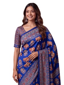 Sari Tradicional Indio de Seda con Estampado Digital Ajrak, Diseño de Elefantes Azules, para Bodas, Largo hasta el Suelo, Corte Regular para Mujer - Product Image 3