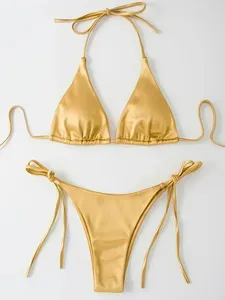 Ensemble bikini sexy pour femme, haut triangle à nouer, bas string, deux pièces, couleur unie, extensible, séchage rapide, plissé, maillot de bain pour vacances à la plage - Product Image 3