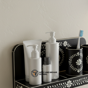 ชั้นวางของในห้องน้ำลายดอกไม้สีดำ ชั้นวางของตกแต่งผนังห้องน้ำทำจากไม้ พร้อมที่วางแปรงสีฟัน - Product Image 6