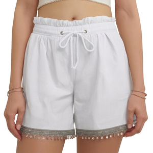 HYPEN SPORTS Short Bermuda Décontracté pour Femme, Coupe Droite, Taille Haute Élastique, Bordure en Dentelle Unie, Respirant, Lin/Coton - Product Image 4