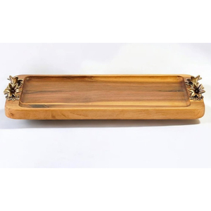 Plateau rectangulaire en bois de manguier de qualité supérieure avec poignées florales dorées, pour la cuisine et la salle à manger, idéal pour servir et ranger. - Product Image 3