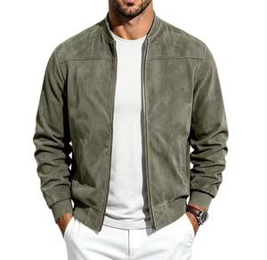 Men's <b>Fleece</b> <b>Lined</b> Varsity <b>Jacket</b> Solid Color Zipper Closure Stand Collar Casual Autumn Wear Regular Fit Front Logo - Product Image 3