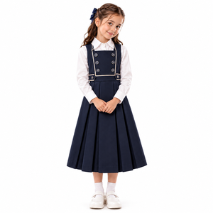 Uniforme Escolar para Niñas, Color Azul Marino, 100% Poliéster, Vestido Tipo Pinafore con Camisa Blanca, Falda Plisada, Diseño de Doble Botonadura, ODM - Product Image 1
