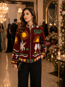 Velvet Embroidered <b>Jacket</b> Women <b>Mandarin</b> <b>Collar</b> Full Sleeve Summer Vacation Style Hand Embroidery Zipper Closure - Product Image 4