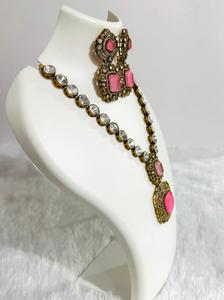 Elegant Pink Double Strand Polki Necklace <b>Set</b> with Matching Stone Earrings Gold Plated Traditional <b>Indian</b> Bridal Wedding <b>Jewelry</b> - Product Image 5