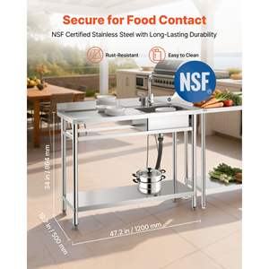 Évier de cuisine commercial à cuve unique autoportant en acier inoxydable, plan de travail utilitaire, robinet d'eau chaude/froide, 47x19.7x37 pour garage - Product Image 2