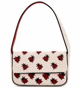 Pochette de luxe artisanale, durable, moderne, légère, originale, en perles de verre, motif caviar et coccinelle, avec fermeture à bouton à rabat, sac à main de créateur tendance - Product Image 3
